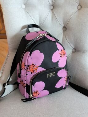 kate spade Dawn Grand Flora Medium Black Backpack with Pink Floral Accents